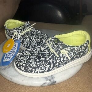 NWT HEYDUDE Wally Youth Space Glow Sneakers - Black/White Graffiti